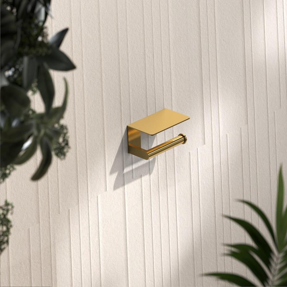 Porto Easy Fix Brushed Gold Toilet Roll Holder with Shelf