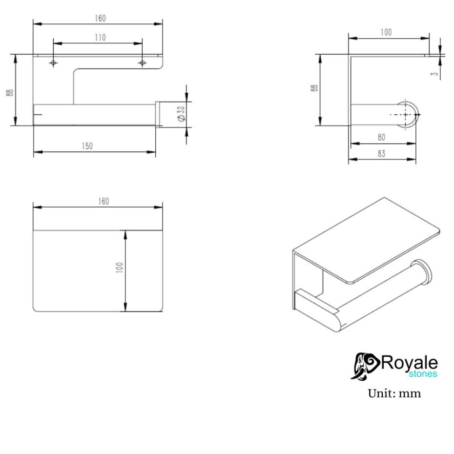 Porto Easy Fix Brushed Gold Toilet Roll Holder with Shelf