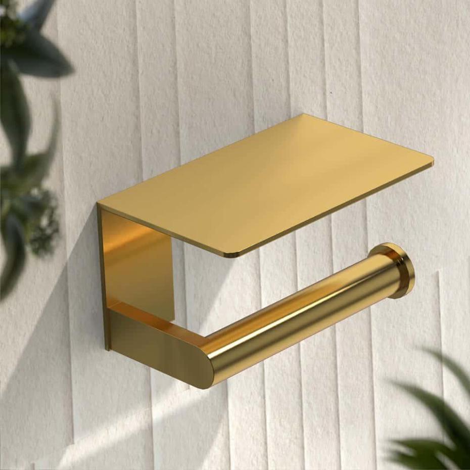 Porto Easy Fix Brushed Gold Toilet Roll Holder with Shelf