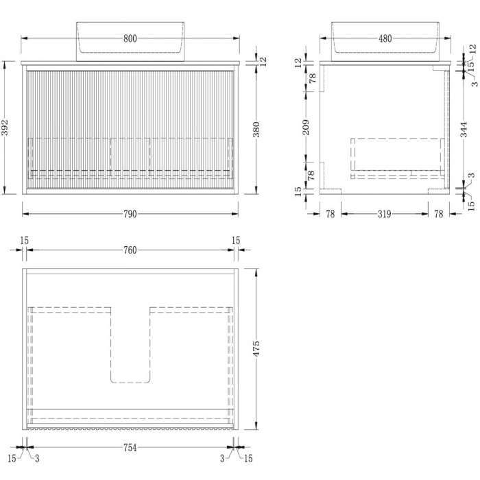 Rio Solid Wood Fluted Vanity - 800mm