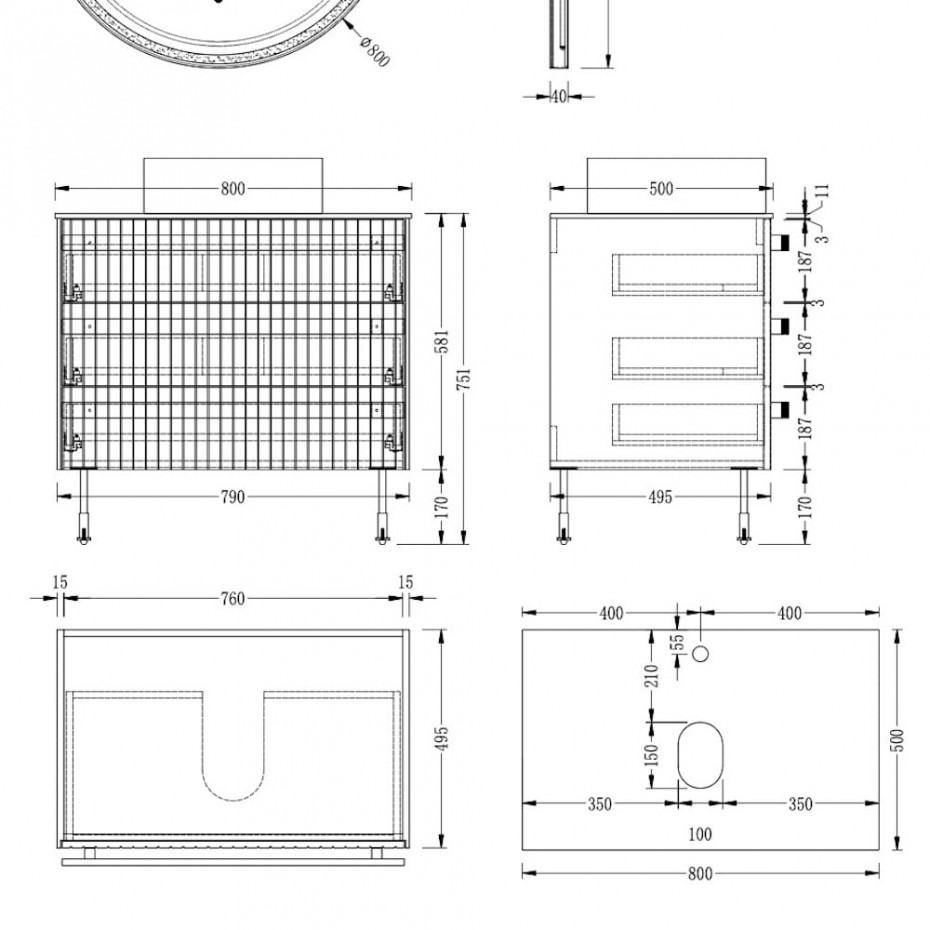 Capri Floor-standing Fluted Vanity With Gold Basin - 800mm