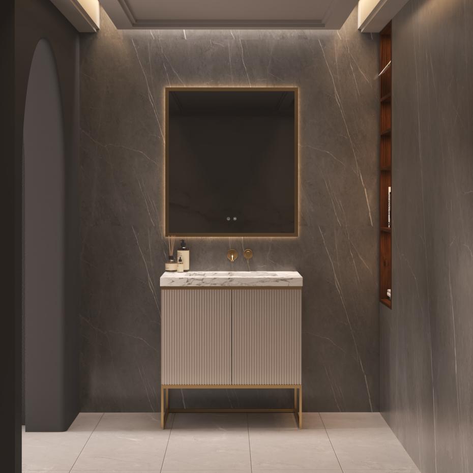 Belgravia Beige Fluted Vanity Unit With Natural Marble Countertop and Steel legs - 800mm