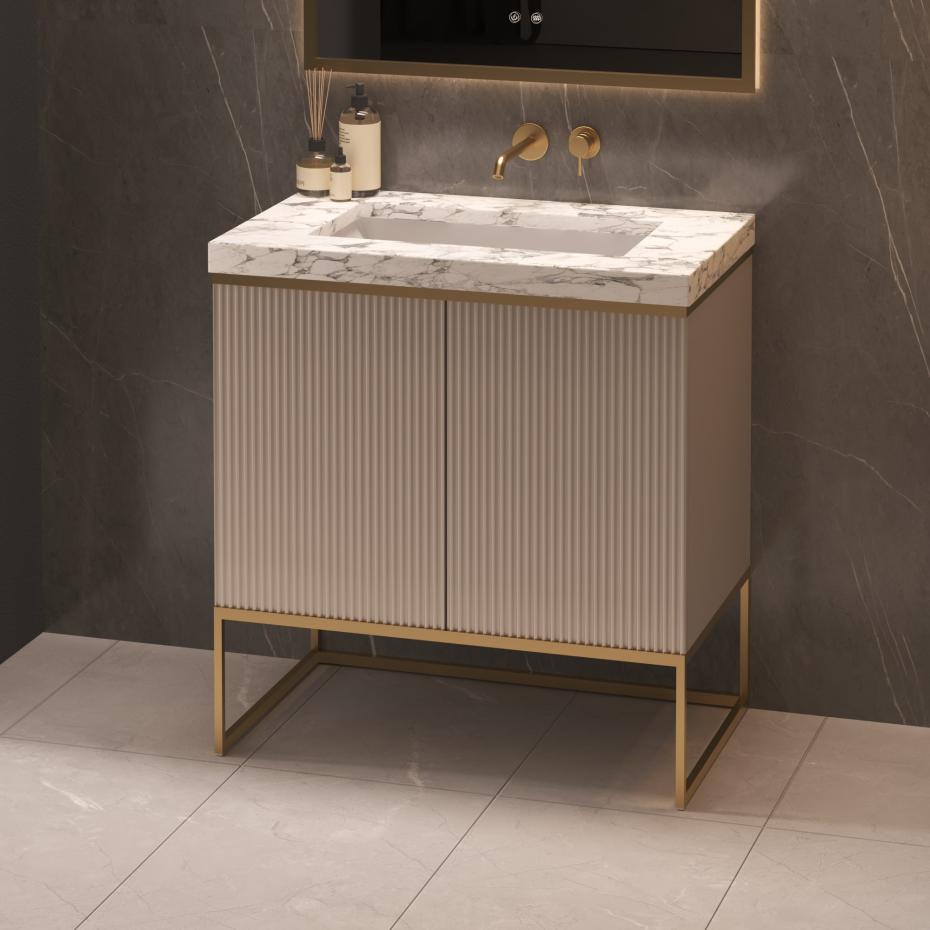 Belgravia Beige Fluted Vanity Unit With Natural Marble Countertop and Steel legs - 800mm