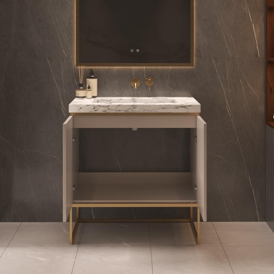 Belgravia Beige Fluted Vanity Unit With Natural Marble Countertop and Steel legs - 800mm
