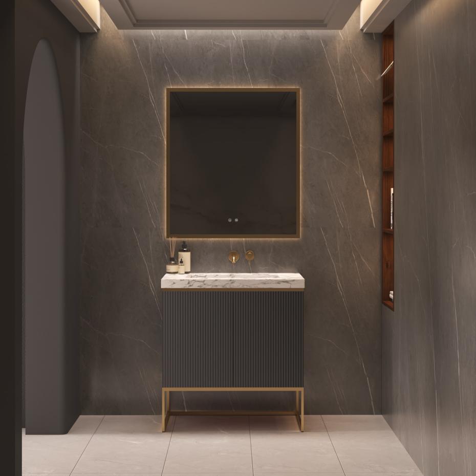 Belgravia Matt Black Fluted Floorstanding Vanity Unit With Marble Countertop - 800mm