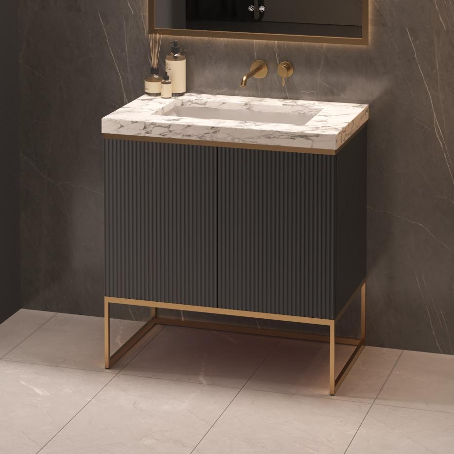 Belgravia Matt Black Fluted Floorstanding Vanity Unit With Marble Countertop - 800mm