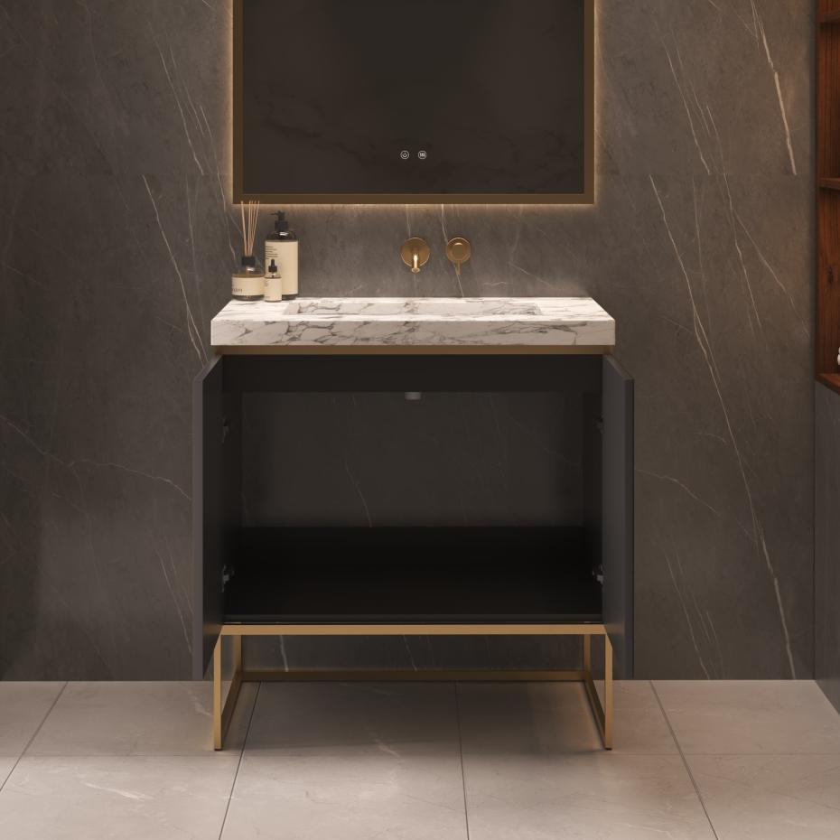 Belgravia Matt Black Fluted Floorstanding Vanity Unit With Marble Countertop - 800mm