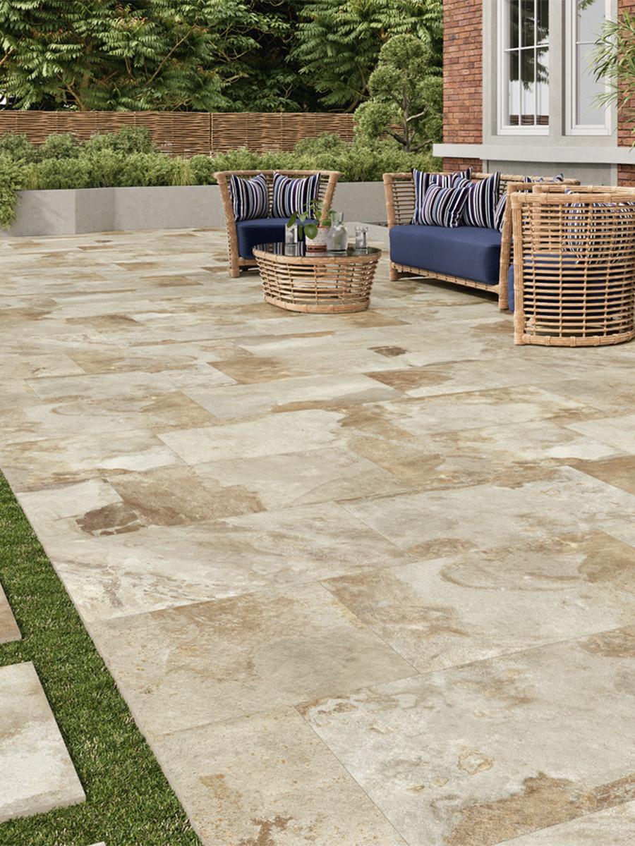 Rustic Beige Slate Effect Outdoor Porcelain Tiles - 900x600x20mm