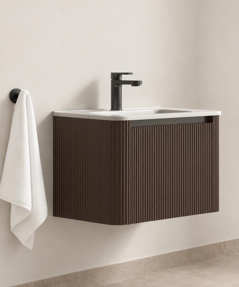 Sienna Walnut Solid Wood Fluted Vanity With Matt White Integrated Basin - 600mm