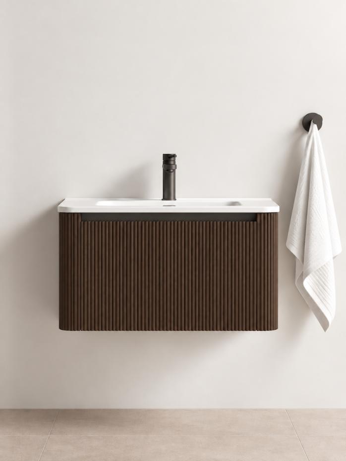Sienna Walnut Solid Wood Fluted Vanity With Matt White Integrated Basin - 750mm