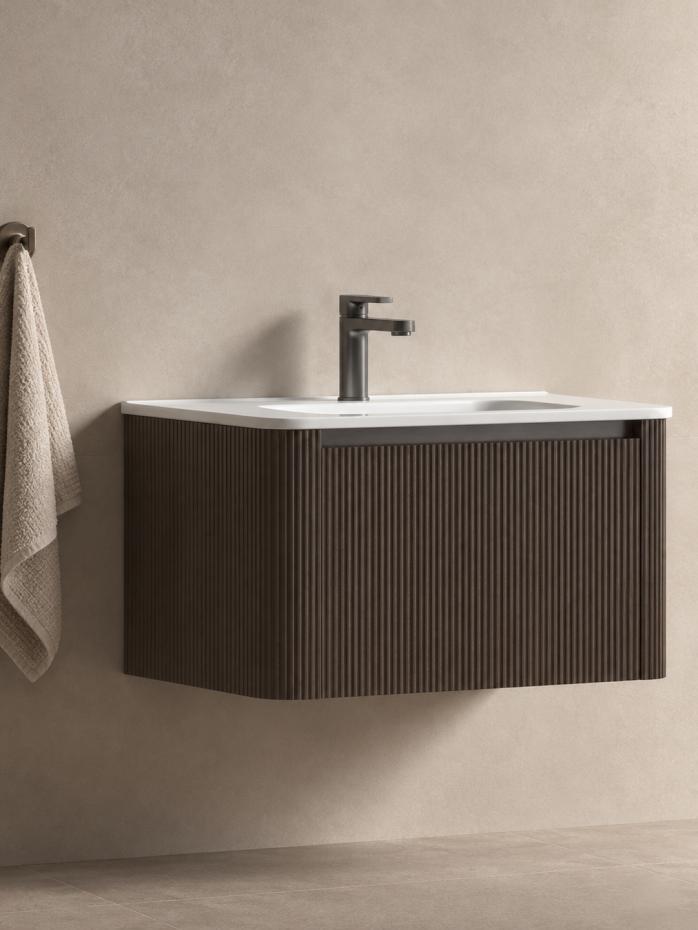 Sienna Walnut Solid Wood Fluted Vanity With Matt White Integrated Basin - 800mm