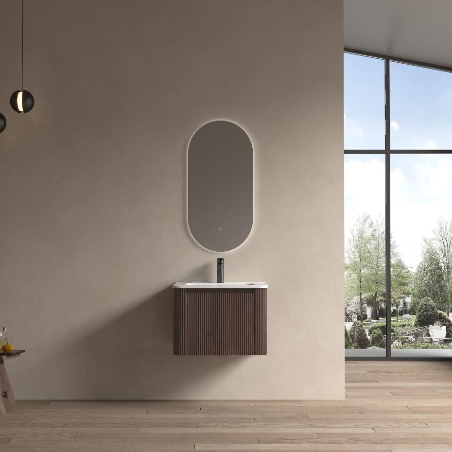 Sienna Walnut Solid Wood Fluted Vanity With Matt White Integrated Basin - 600mm