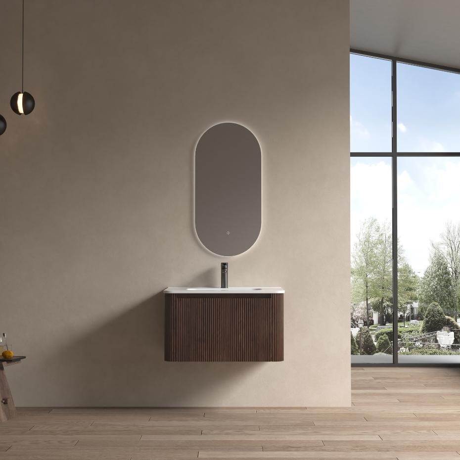 Sienna Walnut Solid Wood Fluted Vanity With Matt White Integrated Basin - 750mm