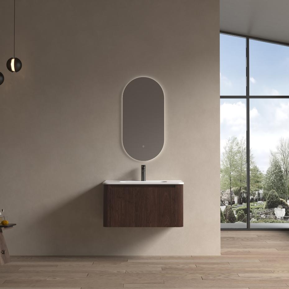 Sienna Walnut Solid Wood Fluted Vanity With Matt White Integrated Basin - 800mm