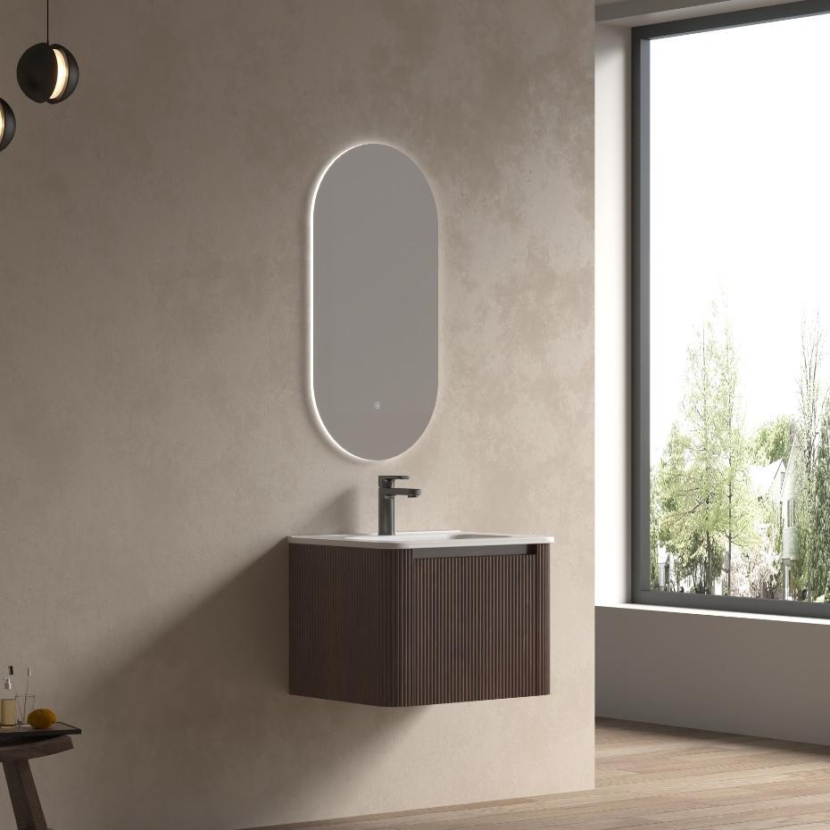 Sienna Walnut Solid Wood Fluted Vanity With Matt White Integrated Basin - 600mm