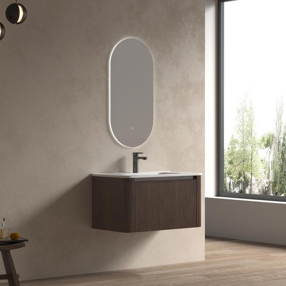 Sienna Walnut Solid Wood Fluted Vanity With Matt White Integrated Basin - 800mm