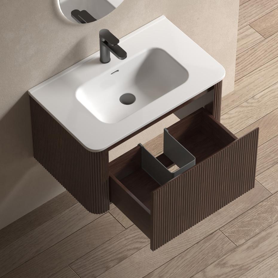 Sienna Walnut Solid Wood Fluted Vanity With Matt White Integrated Basin - 750mm