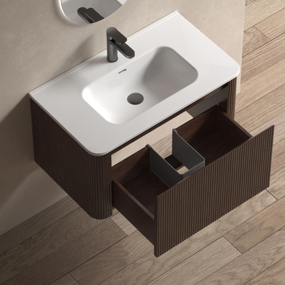 Sienna Walnut Solid Wood Fluted Vanity With Matt White Integrated Basin - 800mm