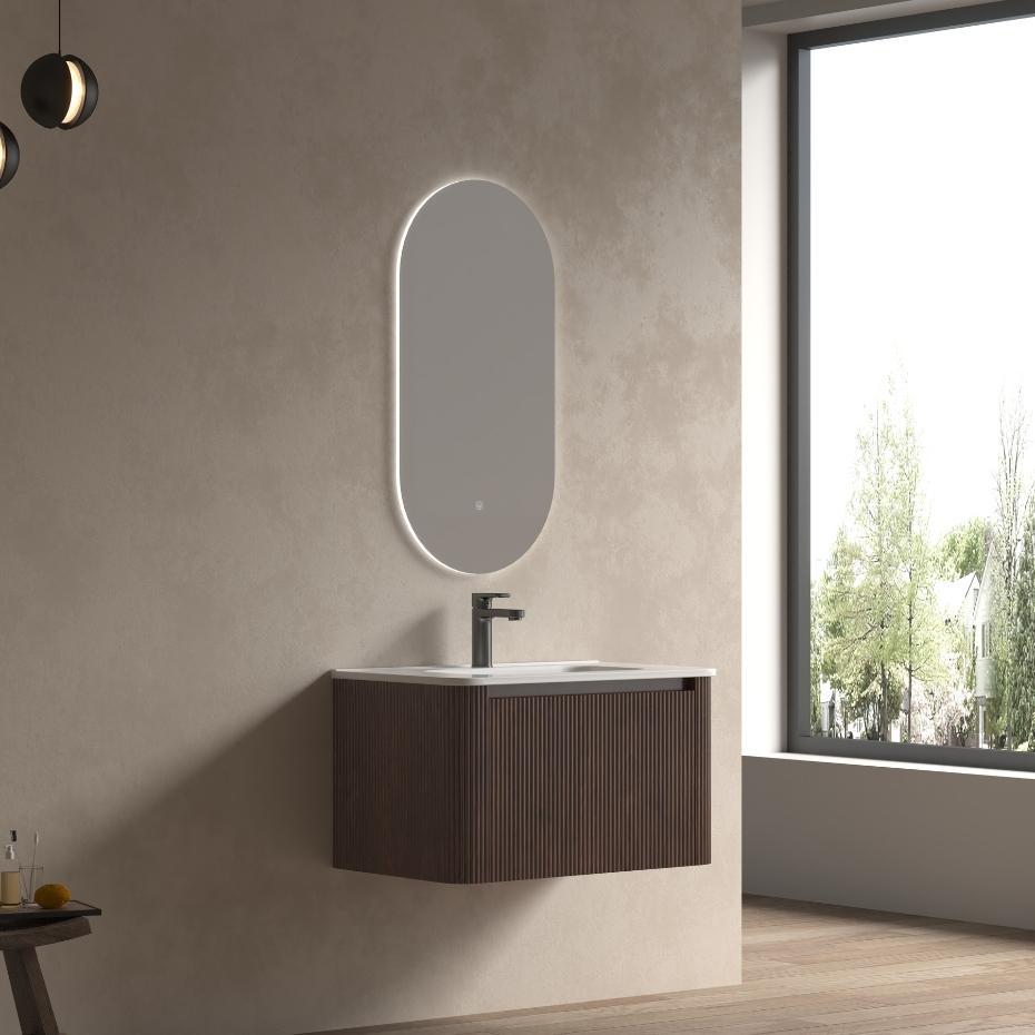 Sienna Walnut Solid Wood Fluted Vanity With Matt White Integrated Basin - 750mm