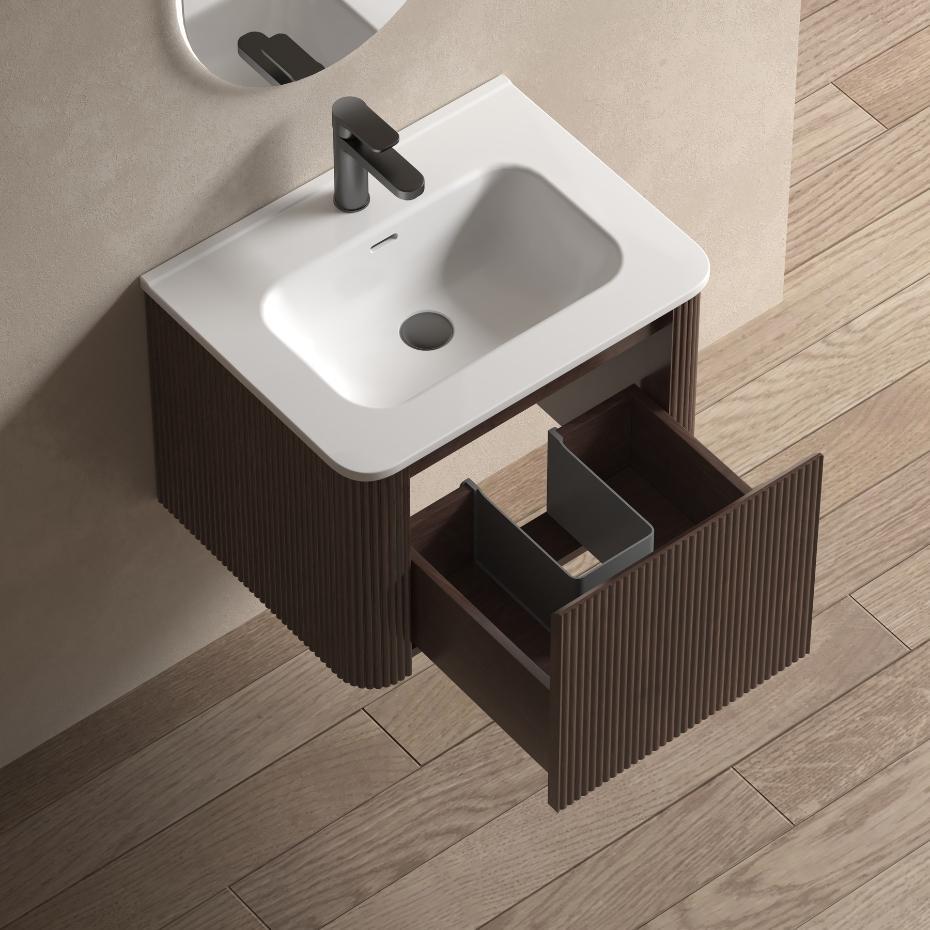 Sienna Walnut Solid Wood Fluted Vanity With Matt White Integrated Basin - 600mm
