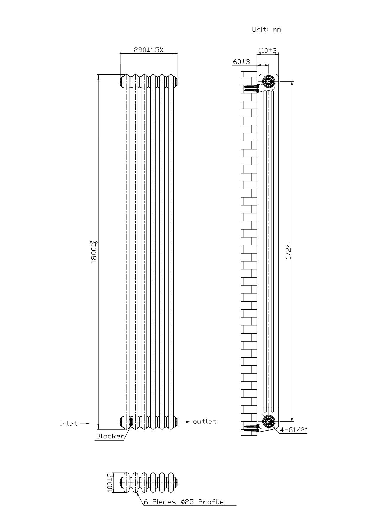 Hampton Traditional White 3 Column Radiator - 290x1800mm Hampton Traditional White 3 Column Radiator - 290x1800mm