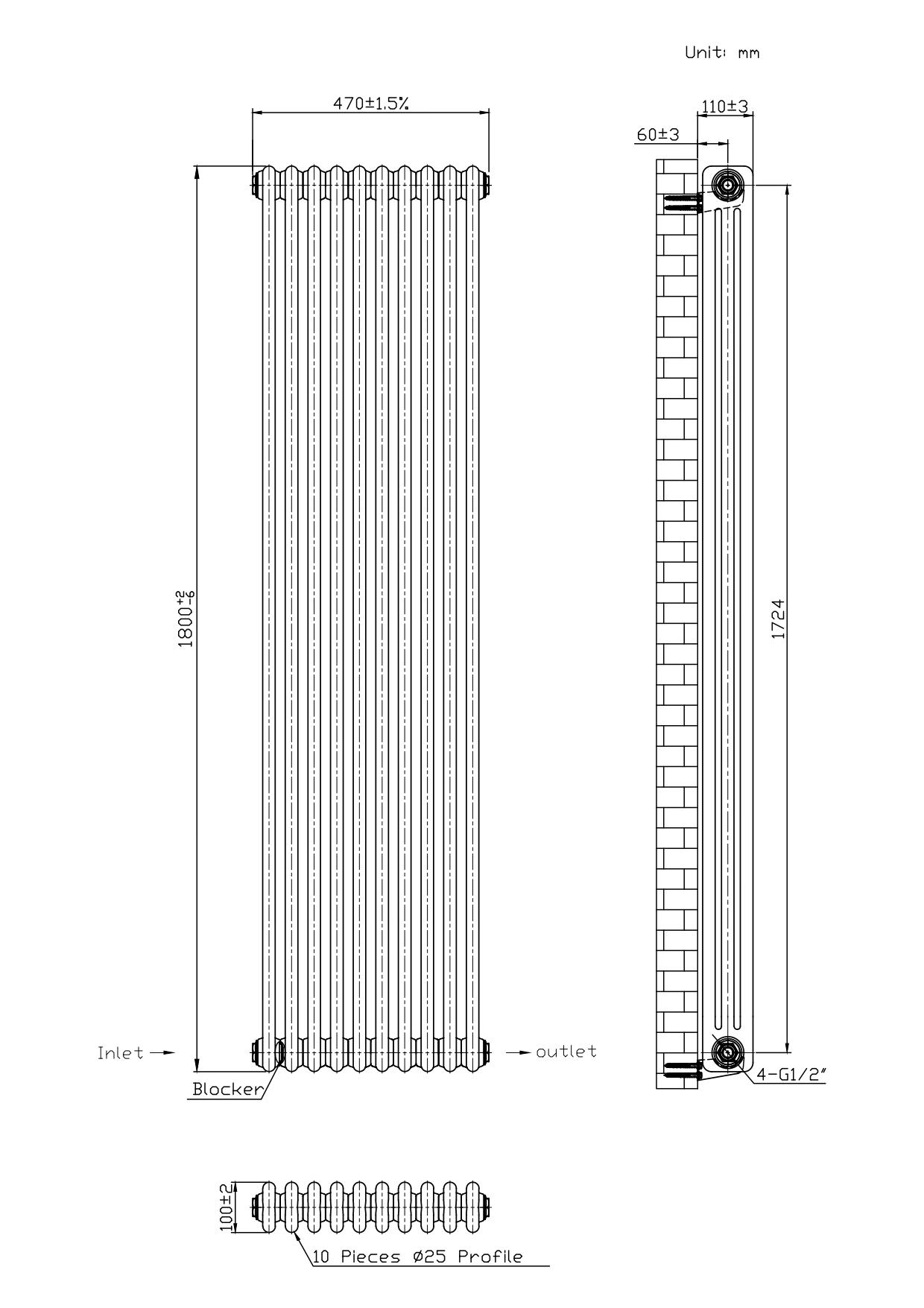 Hampton Traditional White 3 Column Radiator - 470x1800mm Hampton Traditional White 3 Column Radiator - 470x1800mm