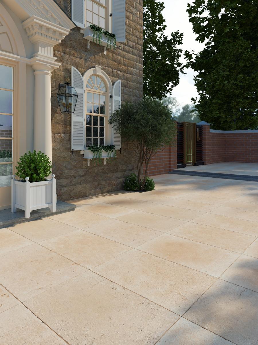 Tuscany Sand Antique Chiselled Edge Porcelain Paving Slabs - 900x600x20mm