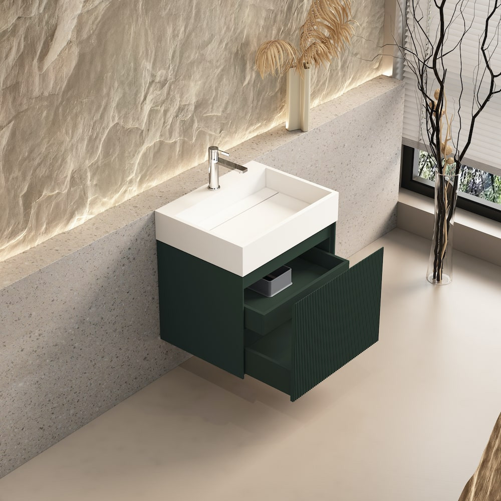 Tuscany Fluted Green Vanity With Inner Drawer and Stone Resin Basin - 600mm