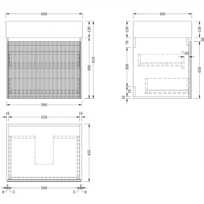 Tuscany Fluted Green Vanity With Inner Drawer and Stone Resin Basin - 600mm