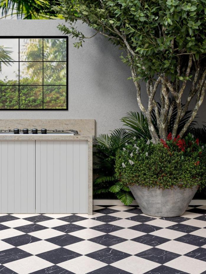 Lusso Cosmo Crema and Noir Checkerboard Porcelain Paving Slabs - 300x300x20mm