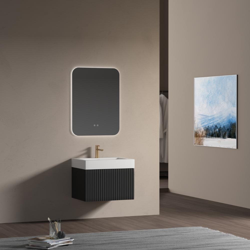 London Matt Black Fluted Bathroom Vanity With Stone Basin - 600mm London Matt Black Fluted Bathroom Vanity With Stone Basin - 600mm