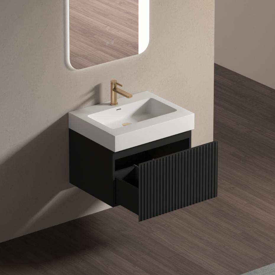 London Matt Black Fluted Bathroom Vanity With Stone Basin - 600mm