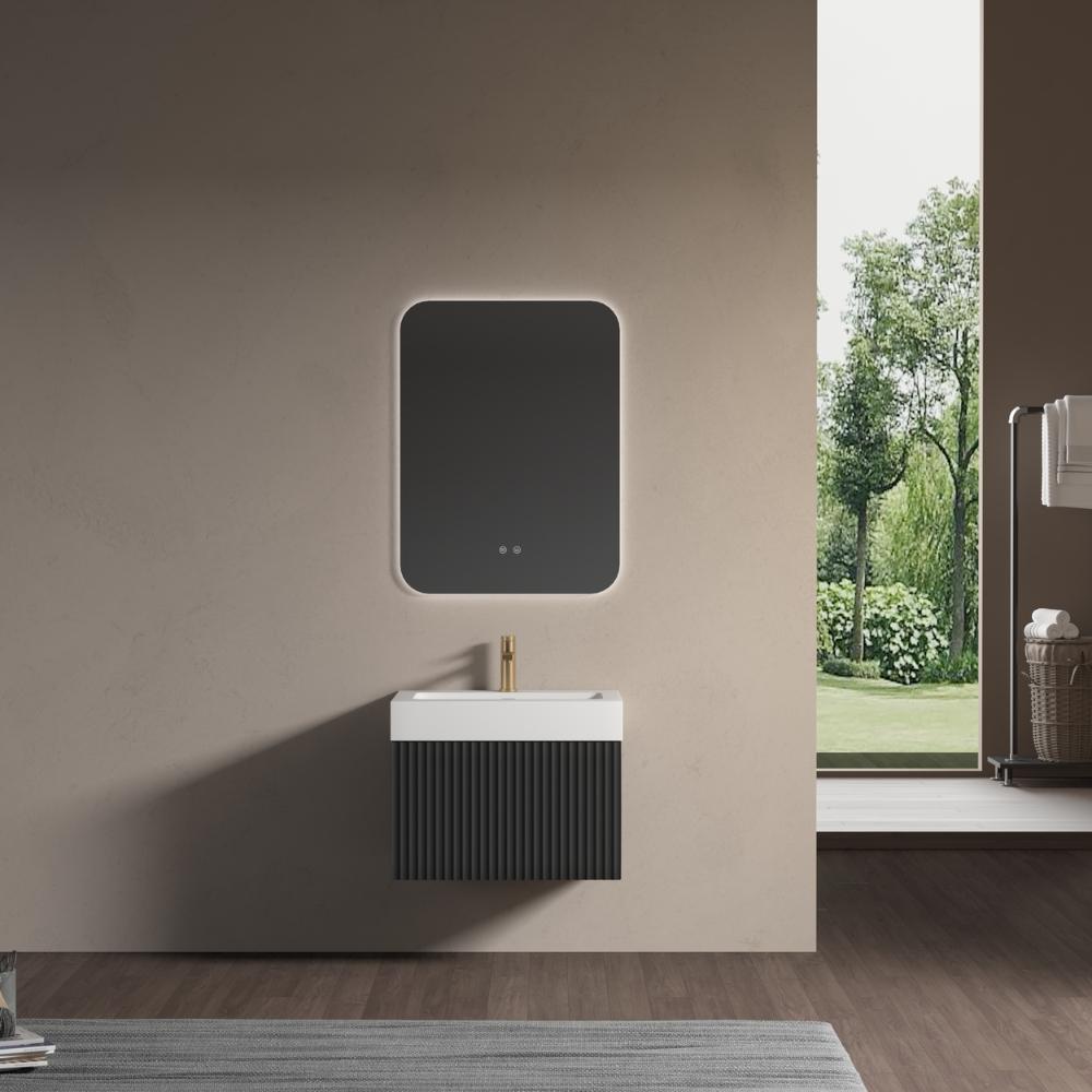 London Matt Black Fluted Bathroom Vanity With Stone Basin - 600mm London Matt Black Fluted Bathroom Vanity With Stone Basin - 600mm