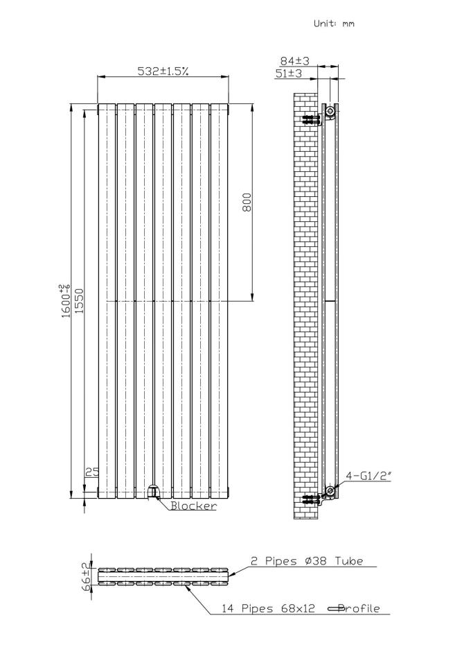 Boston Anthracite Double Panel Vertical Radiator - 1600x530mm