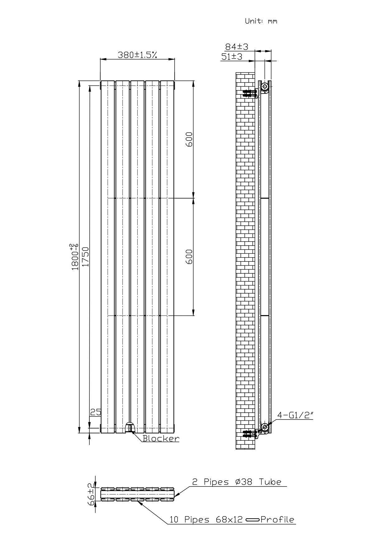 Boston Anthracite Double Panel Vertical Radiator - 1800x380mm