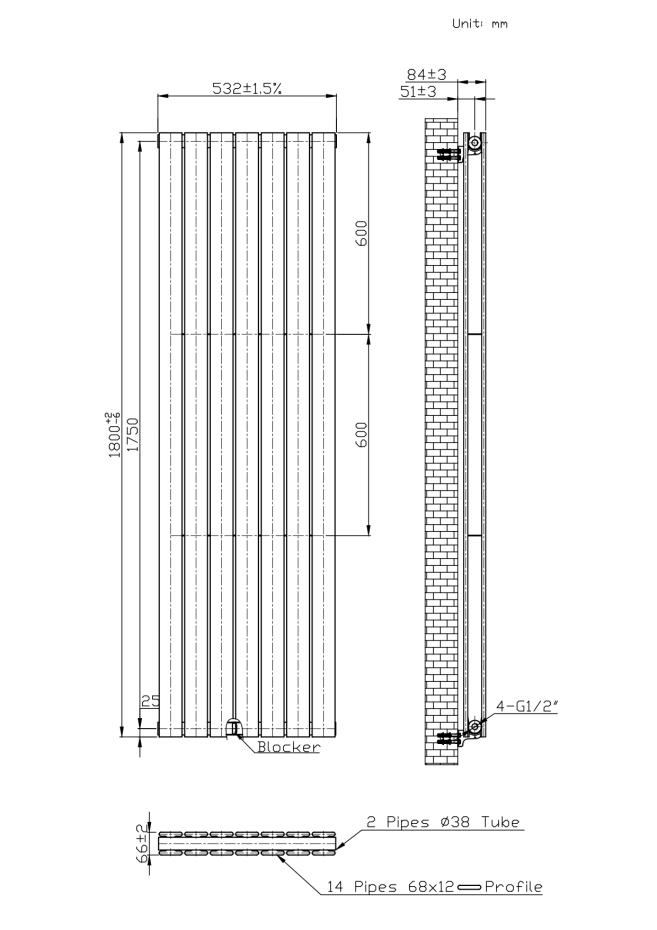 Boston Black Double Panel Vertical Radiator - 1800x530mm