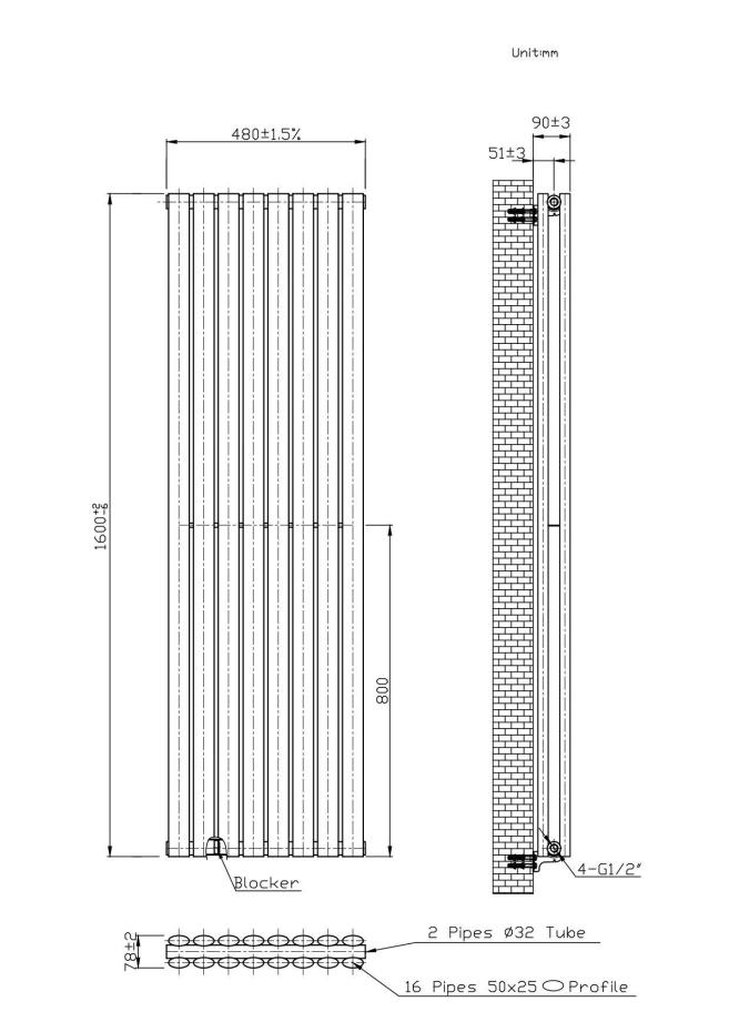 Boston Anthracite Double Panel Vertical Radiator - 1600x480mm